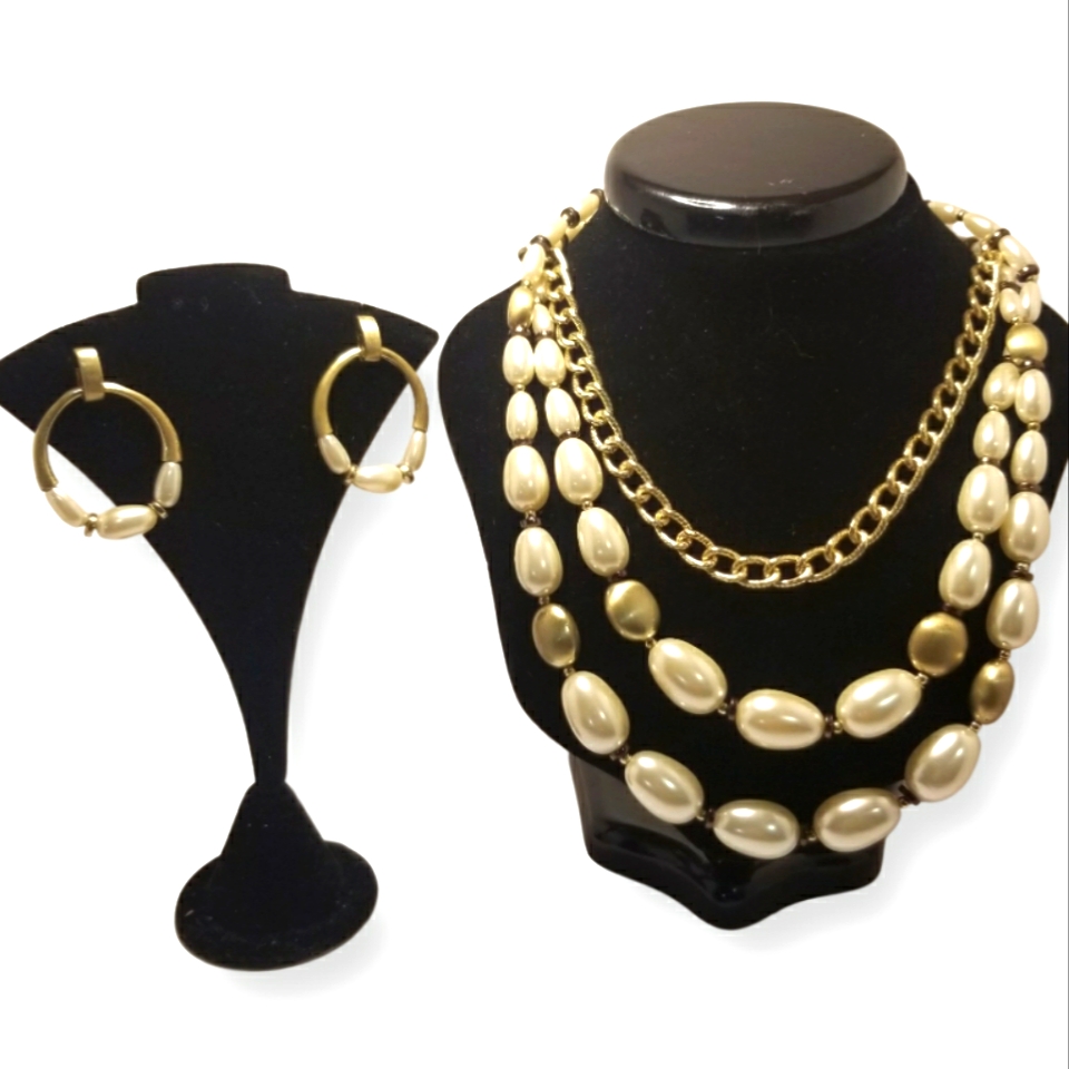 Vintage Gold Triple Strand Bill Blass Necklace & Earrings Set